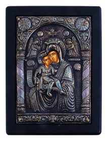 GREEK ORTHODOX MOTHER OF GOD ICON IN SILVER OKLAD