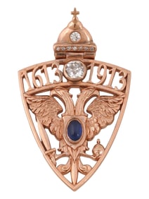 RUSSIAN IMPERIAL 56K GOLD DIAMOND SAPPHIRE PENDANT