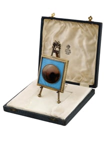 RUSSIAN GILT SILVER ENAMEL MOSS AGATE EASEL FRAME