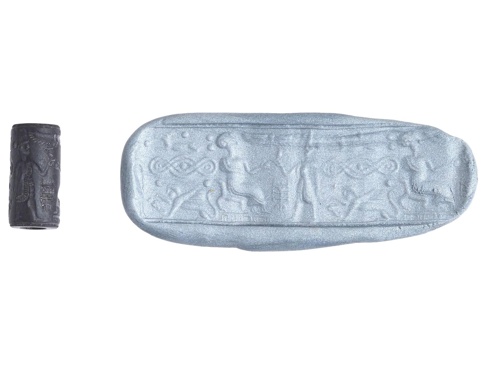 ANCIENT STEATITE INTAGLIO BEAD W ENGRAVED IMAGE: An ancient cylinder shaped steatite intaglio bead featuring an engraved image of a human scene, circa 1000 to 2000 BC. Ancient Intaglio Wares, Museum Pieces, And Jewelry Collectibles. Dimensions: L 3/