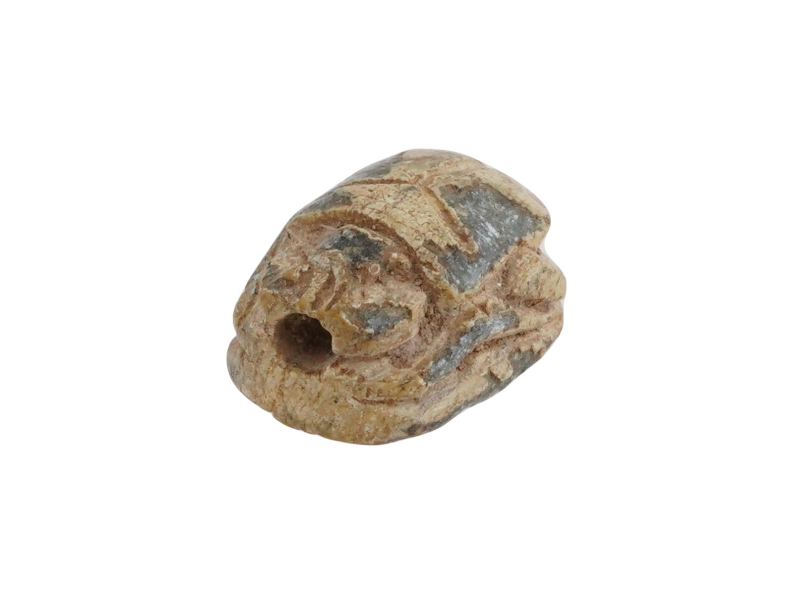 ANCIENT EGYPTIAN LATE PERIOD STEATITE STONE SCARAB BEAD: An ancient Egyptian Late Period steatite stone bead in the shape of a scarab with engraved image on the underside. Pierced through the center. Circa: 700 to 200 BC. Collectible Historical Artifacts, A