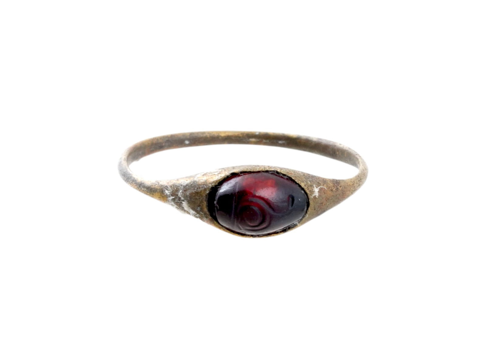 ANCIENT EGYPTIAN BRONZE RING WITH GARNET STONE W IMAGE (1 of 4)