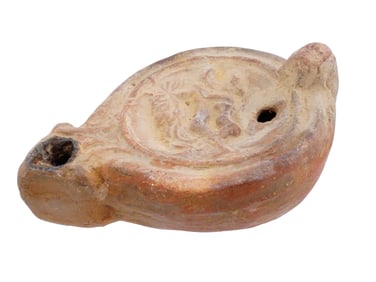 ANCIENT ROMAN CLAY OIL LAMP WITH AN EROTIC SCENE