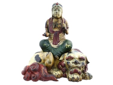 CHINESE POLYCHROME BRONZE BUDDHA ON THE FOO DOG FIGURE