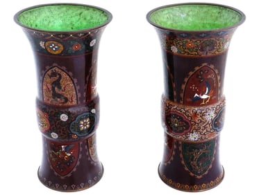 PAIR OF JAPANESE CLOISONNE ENAMEL TRUMPET VASES