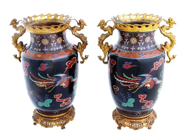 PAIR OF ANTIQUE JAPANESE CLOISONNE VASES W BRONZE DECOR
