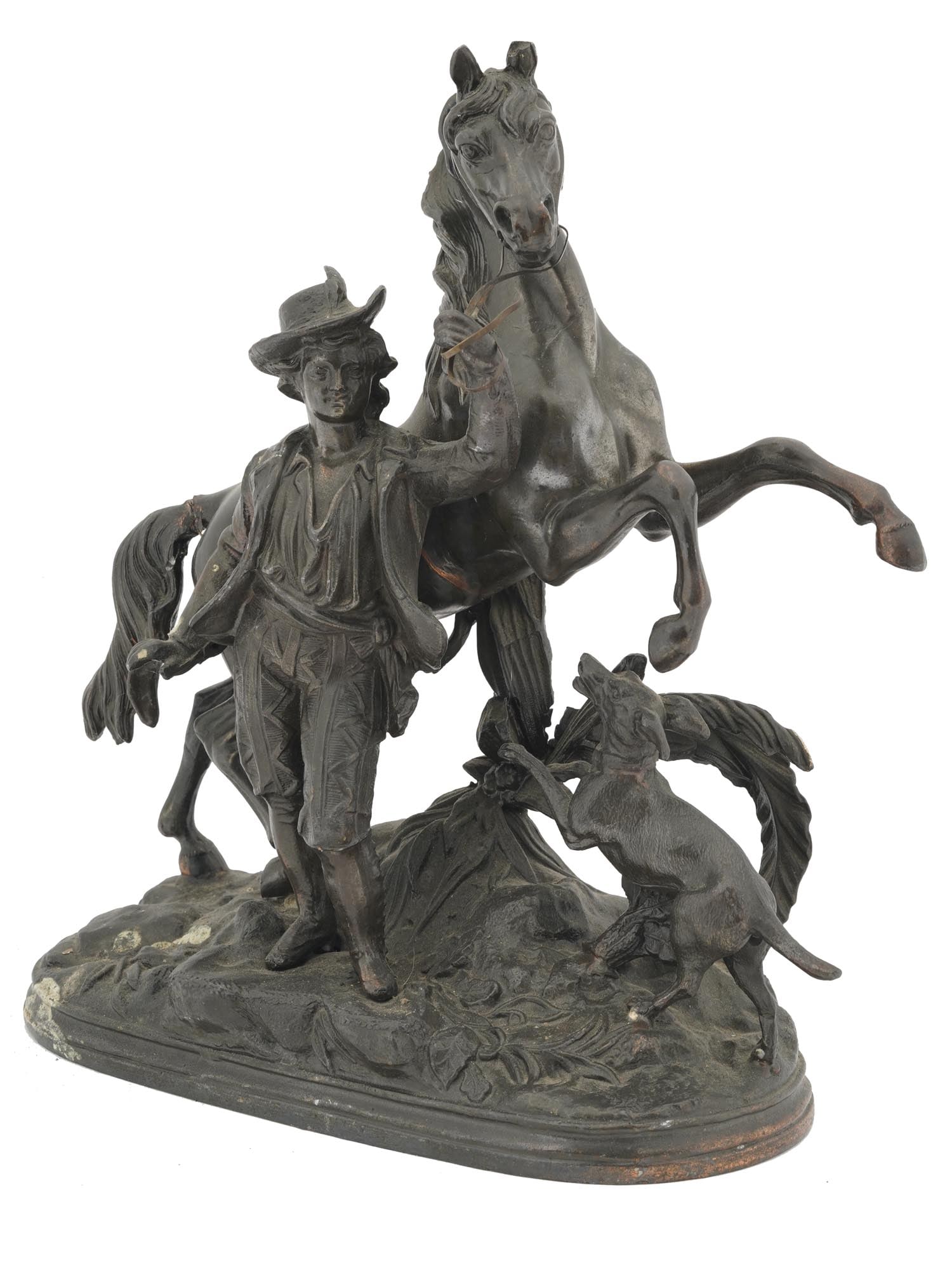BRONZE SCULPTURE IN MANNER OF FREDERIC REMINGTON: A vintage bronze sculpture on an oval shaped base depicting a scene with a cowboy, a horse and a dog in the manner of Frederic Remington, American, 1861 to 1909. Circa: 20th century. Frederic Sackride