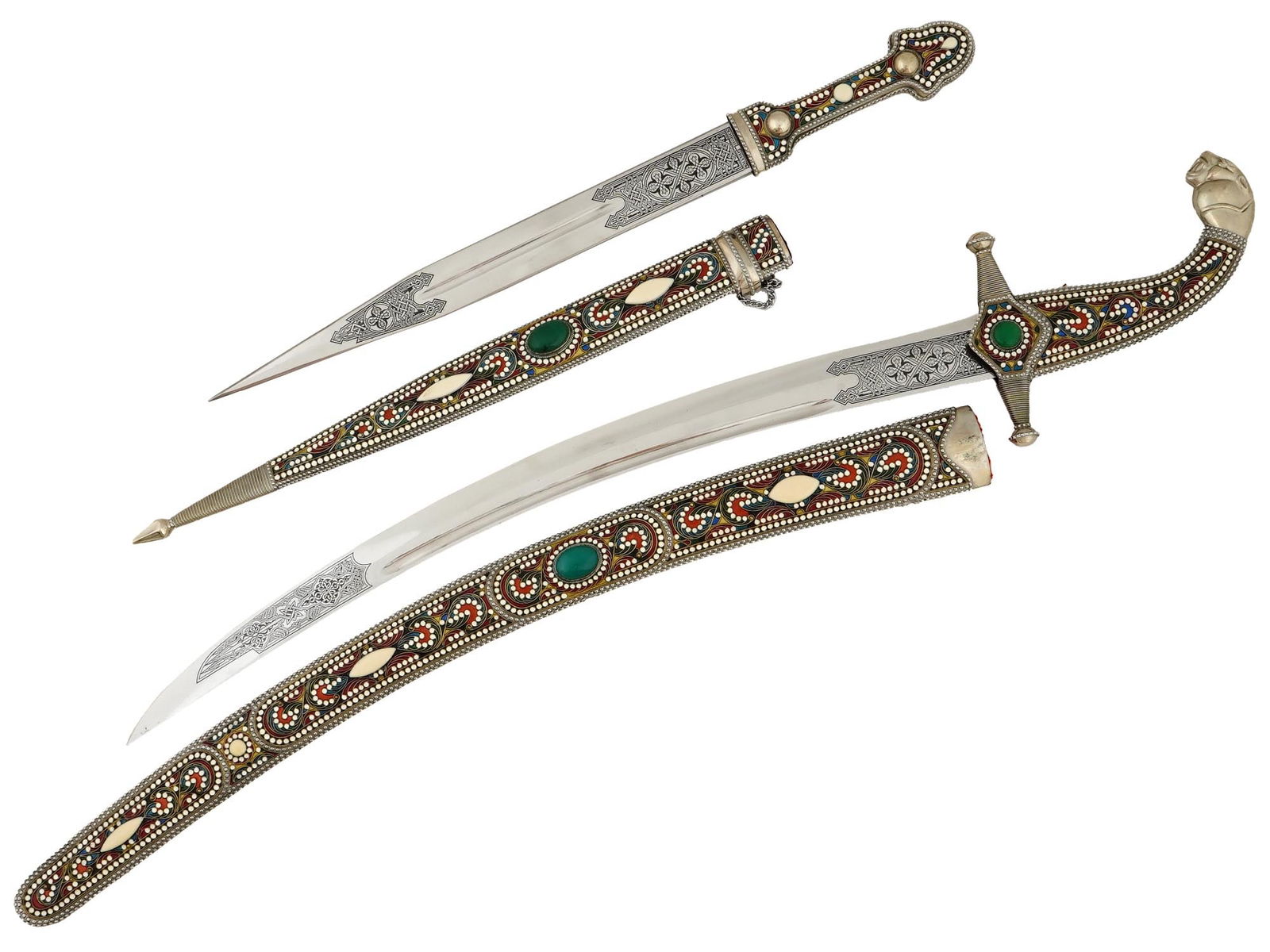 RUSSIAN CAUCASIAN KUBACHI ENAMEL DAGGERS W SCABBARDS: A lot of two fine Russian Caucasian Kubachi enamel highly decorative daggers with scabbards. The daggers differ in length and shape, curved and straight, but are similar in design and form a set. The
