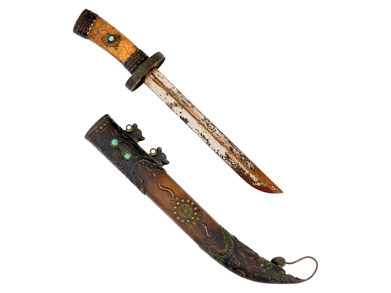ANTIQUE MONGOLIAN STEEL BRASS TURQUOISE DAGGER (1 of 5)