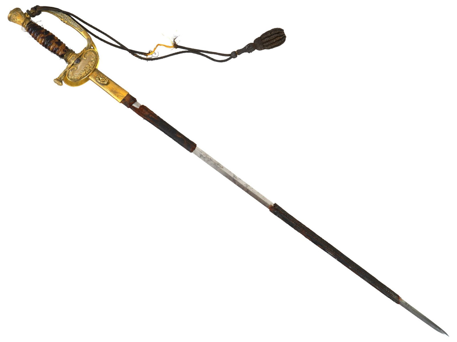 ANTIQUE 19TH C FRENCH DIVISION GENERALS SWORD: An antique late 19th-century French division generals sword. Pattern 1872. Steel straight double-edged blade. Twisted grip made of natural materials. Cylindrical brass bushings decorated with relief f