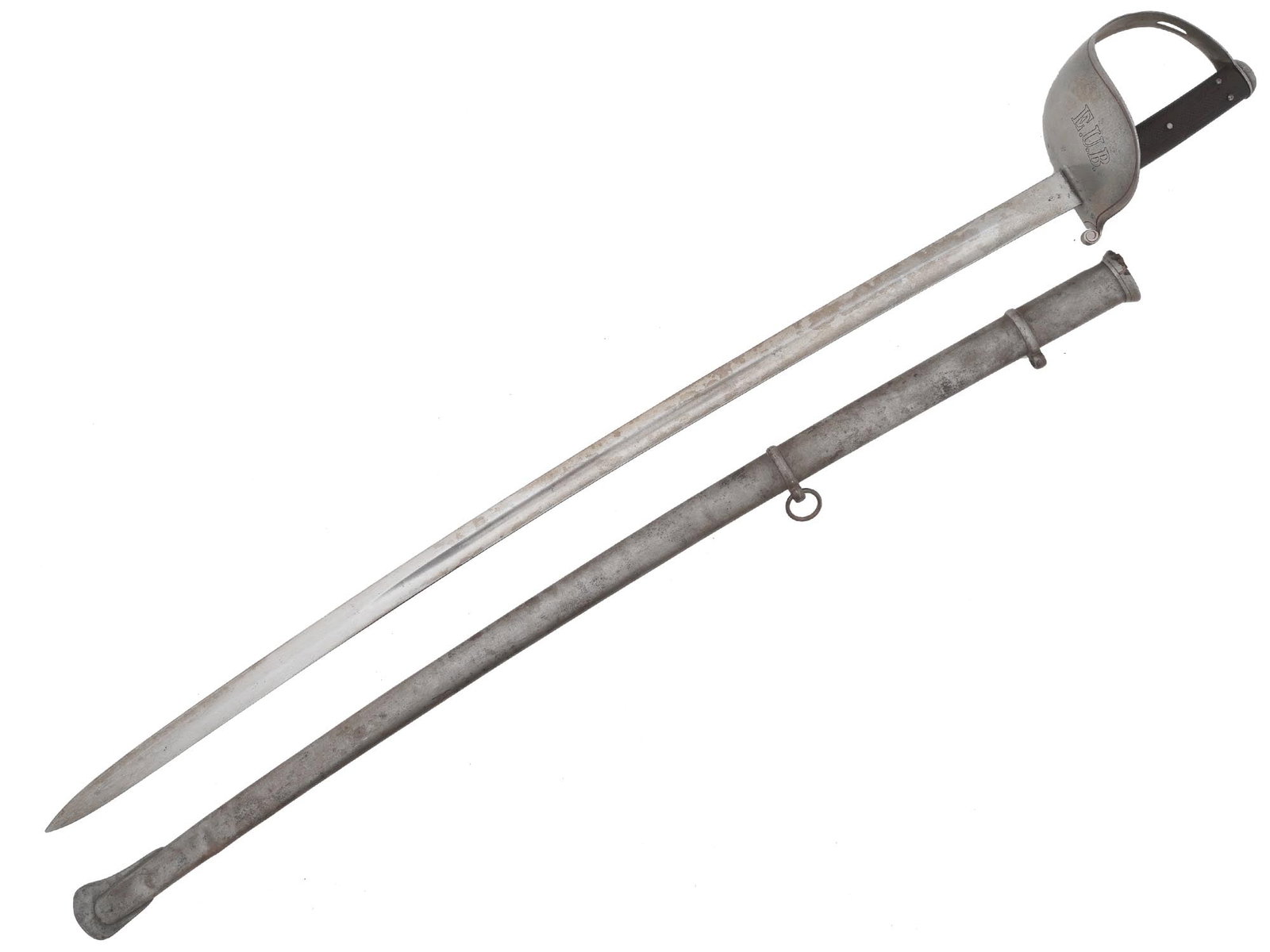 BRAZILIAN CAVALRY SABER BY ALEX COPPEL SOLINGEN: A Brazilian Cavalry sword model 1880, made by the German firm Alex Coppel Solingen, featuring a slightly curving blade, stamped on the ricasso ALEX. COPPEL SOLINGEN, the basket hilt stamped E.U.B that
