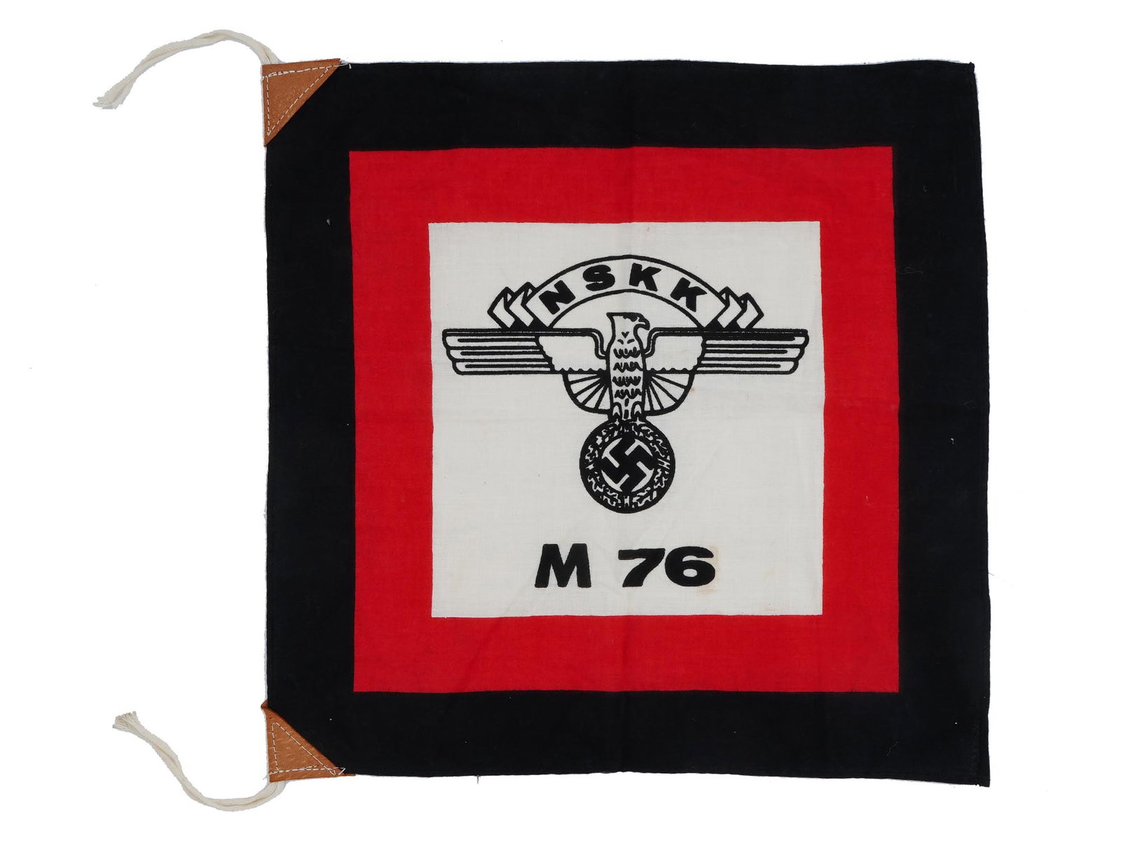 WWII NAZI GERMAN THIRD REICH NSKK FLAG: A WWII Nazi German flag of the National Socialist Motor Corps or NSKK. The NSKK was a paramilitary organization within Nazi Germany. Depicts a swastika and eagle, along with the designation M 76. WWII