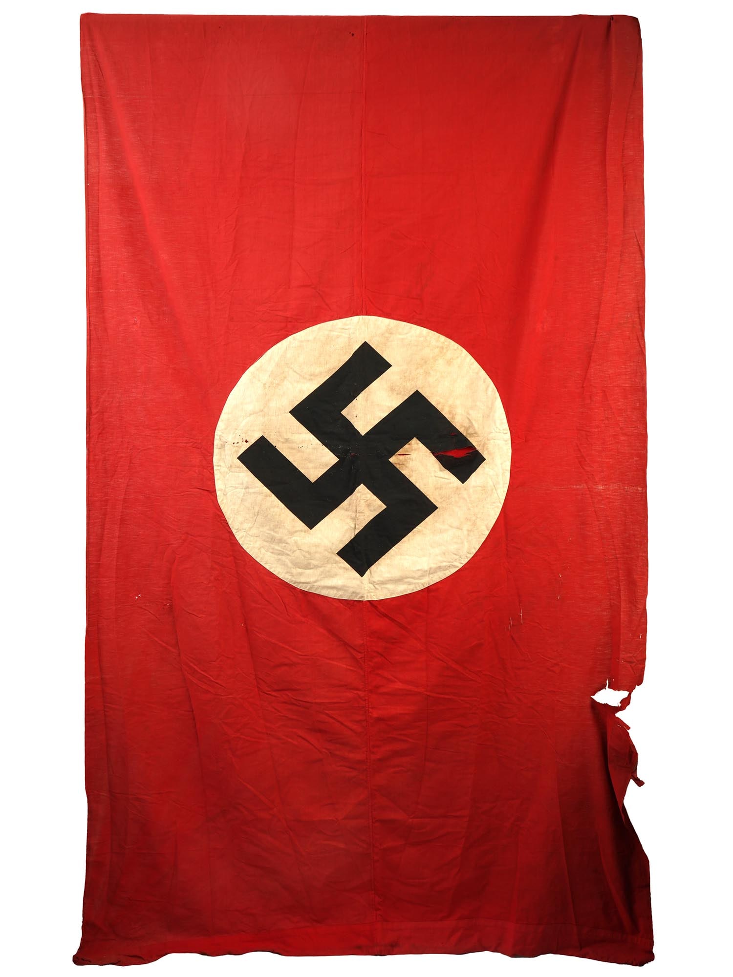 NAZI GERMANY NATIONAL FLAG WITH BLACK SWASTIKA: A flag of Nazi Germany, officially called the Reich and National Flag. Features a red background with a black swastika on a white disk. Second World War Nazi German Banners And Collectibles. Dimension