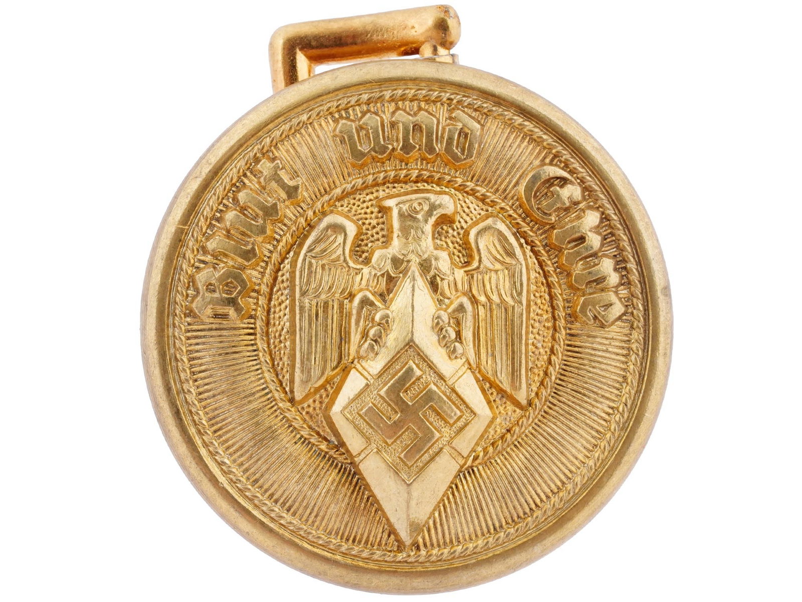 WWII NAZI GERMAN HITLER YOUTH GENERAL BELT BUCKLE: A gilt metal WWII German Third Reich Hitler Jugend (Hitler Youth) general belt buckle. The front shows the reichsadler holding a diamond shaped object with a swastika inside, the inscription reads: Bl