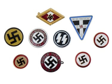 9 WWII GERMAN ENAMELED HITLER YOUTH NSDAP BADGES