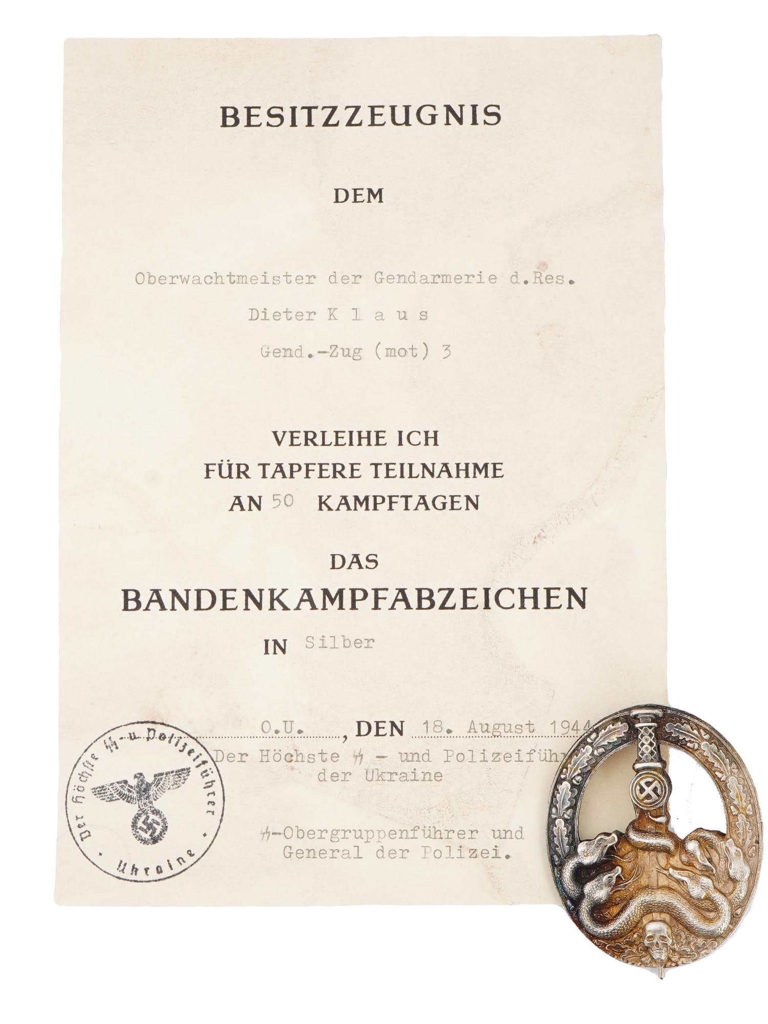 GERMAN WWII ANTI PARTISAN BADGE WITH CERTIFICATE (1 of 5)