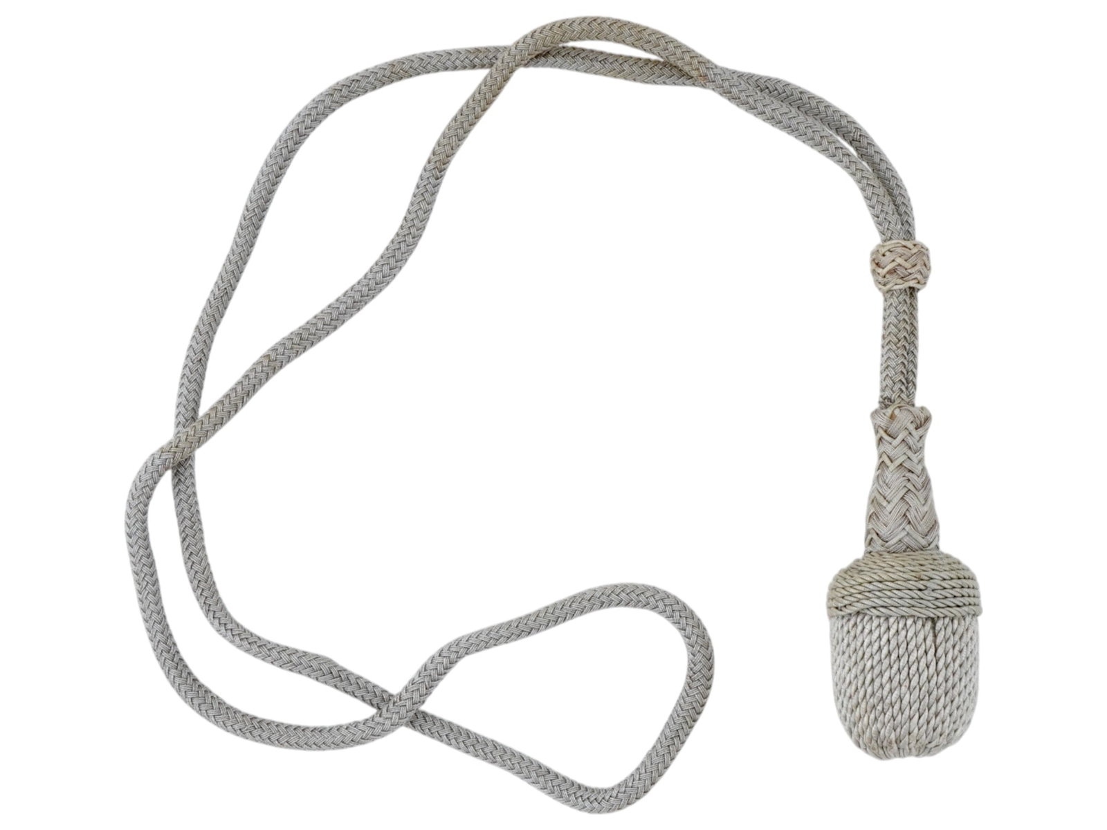 WWII NAZI GERMAN OFFICER DAGGER SWORD OAK TASSEL: A WWII Nazi German officer dagger tassel. The tassel features an oak tassel design intricately woven into a silver colored cord. An elegant knot detail leading to the tassel. Designed to be worn with 