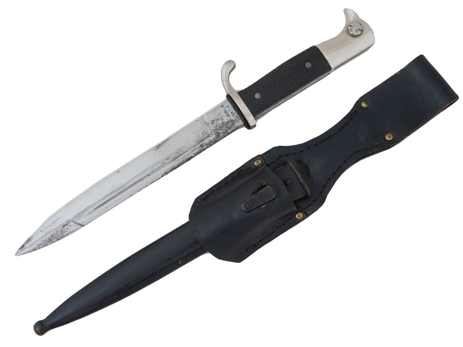 WWII NAZI GERMAN 3RD REICH BAYONET DAGGER W SCABBARD: A WWII Nazi German Third Reich ceremonial bayonet dagger with a black painted steel and leather scabbard. A black bakelite grip, and a stainless steel blade. The handle is made in a shape of a head of