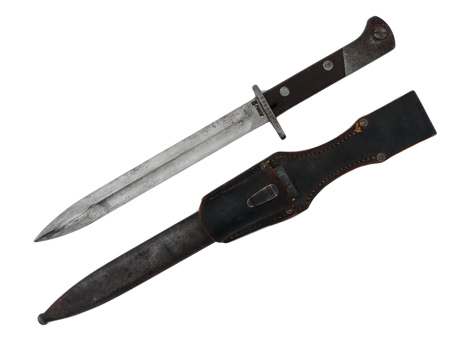 PRE WWII NAZI GERMAN POLISH MAUSER BAYONET BY PERKUN: A Pre World War II Polish K98 Mauser bayonet dagger. Mild carbon steel blade, oval crossguard, wooden handle. Completed with a leather and steel frog scabbard. Marked, Perkun WP, and number 508071, an
