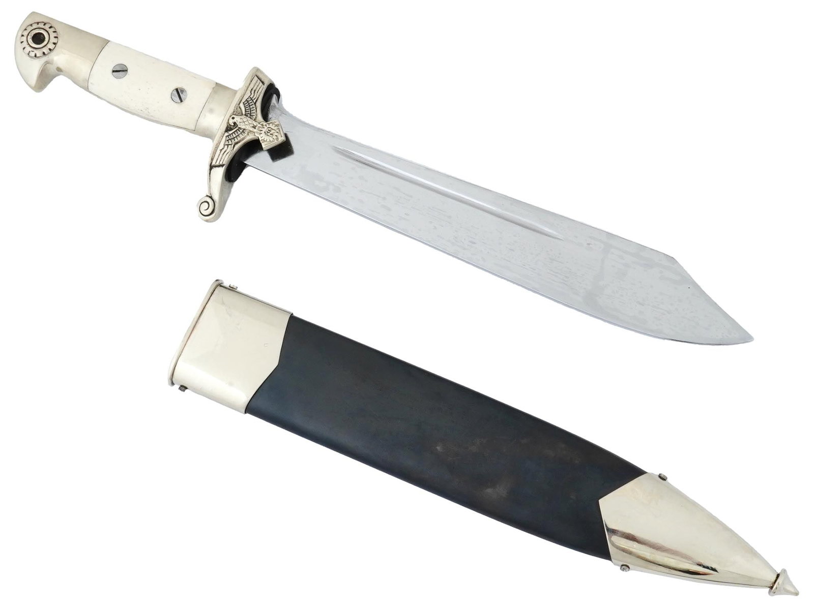 WWII NAZI GERMAN TENO DAGGER BY EICKHORN SOLINGEN: A WWII Nazi German Teno Enlisted hewer dagger with a stainless steel one fuller blade. Hallmarked to the ricasso: Ges. Gesch., Original Eickhorn Solingen. The silver nickel cross guard with a scroll f