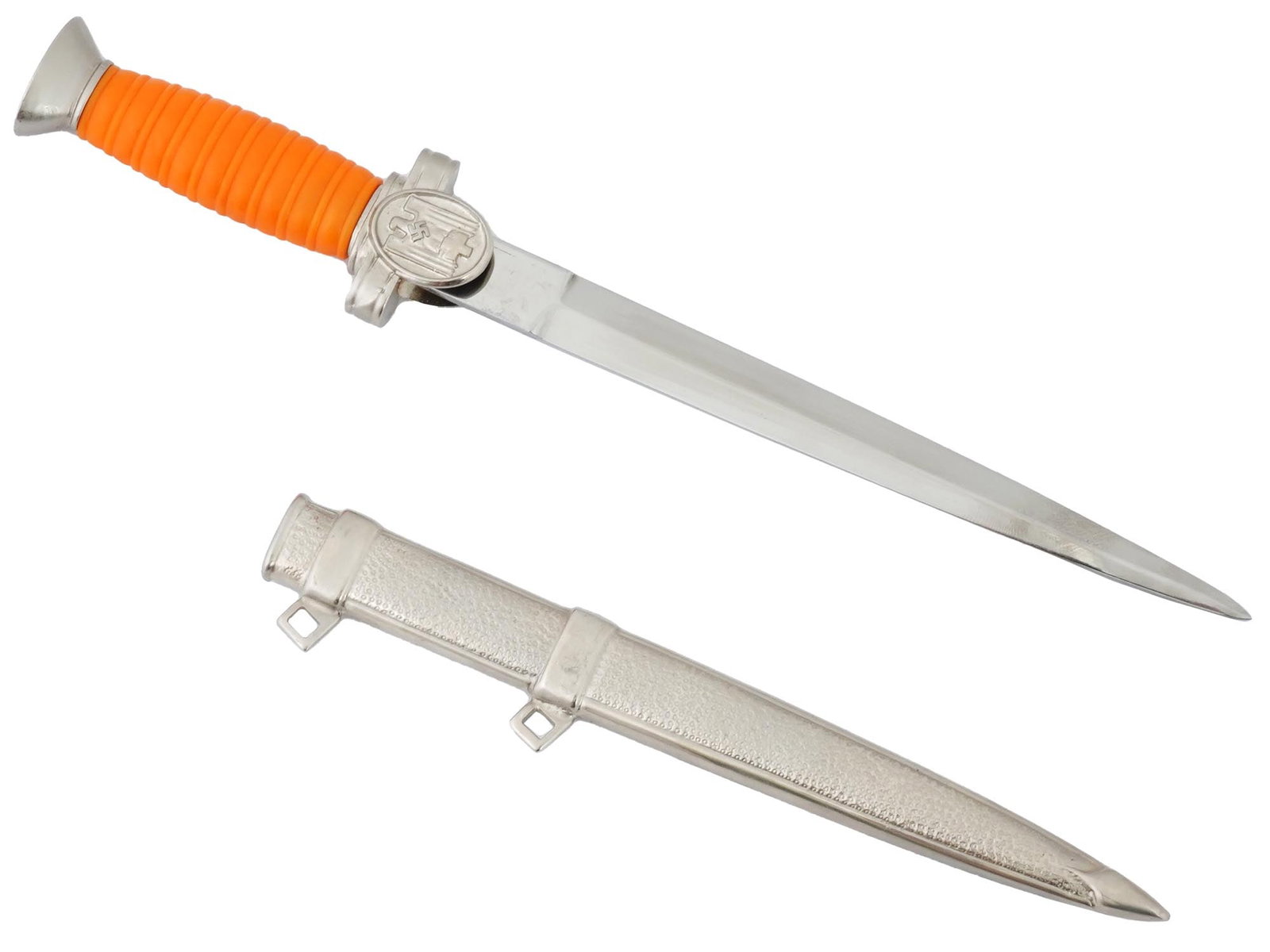WWII GERMAN RED CROSS OFFICERS MINIATURE DAGGER: A World War II German Red Cross, Deutsches Rotes Kreuz, officers miniature dagger. Stainless steel blade. Yellow synthetic grip. Symbol of the DRK, an eagle with a swastika and a cross, is on the cros