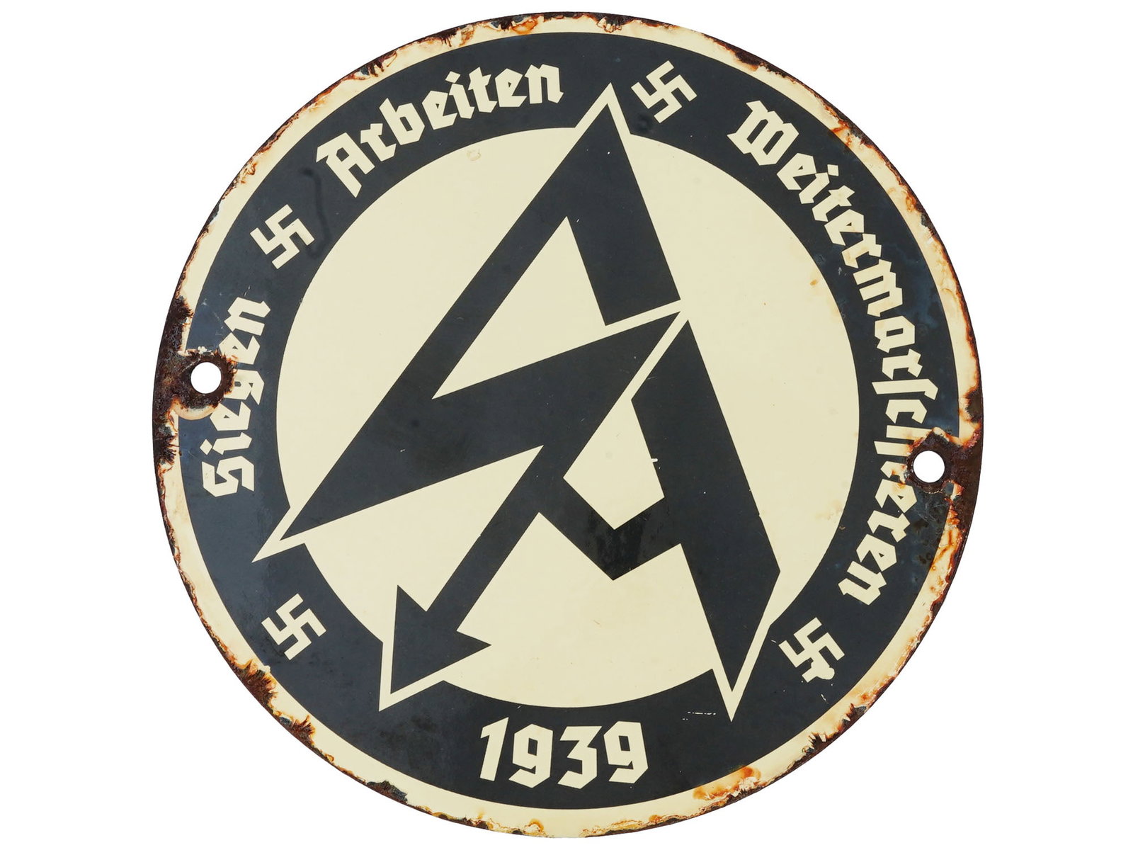 WWII 1939 NAZI GERMAN SA PROPAGANDA STREET SIGN: A World War II Nazi German Third Reich enameled tin plate street sign. The street sign is enameled with an SA logo and inscribed in German, 1939, Siegen Arbeiten Weitermarschieren, Win Work March On. 