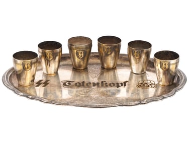 SET OF SIX WWII ERA NAZI GERMAN CUPS AND TOTENKOPF TRAY