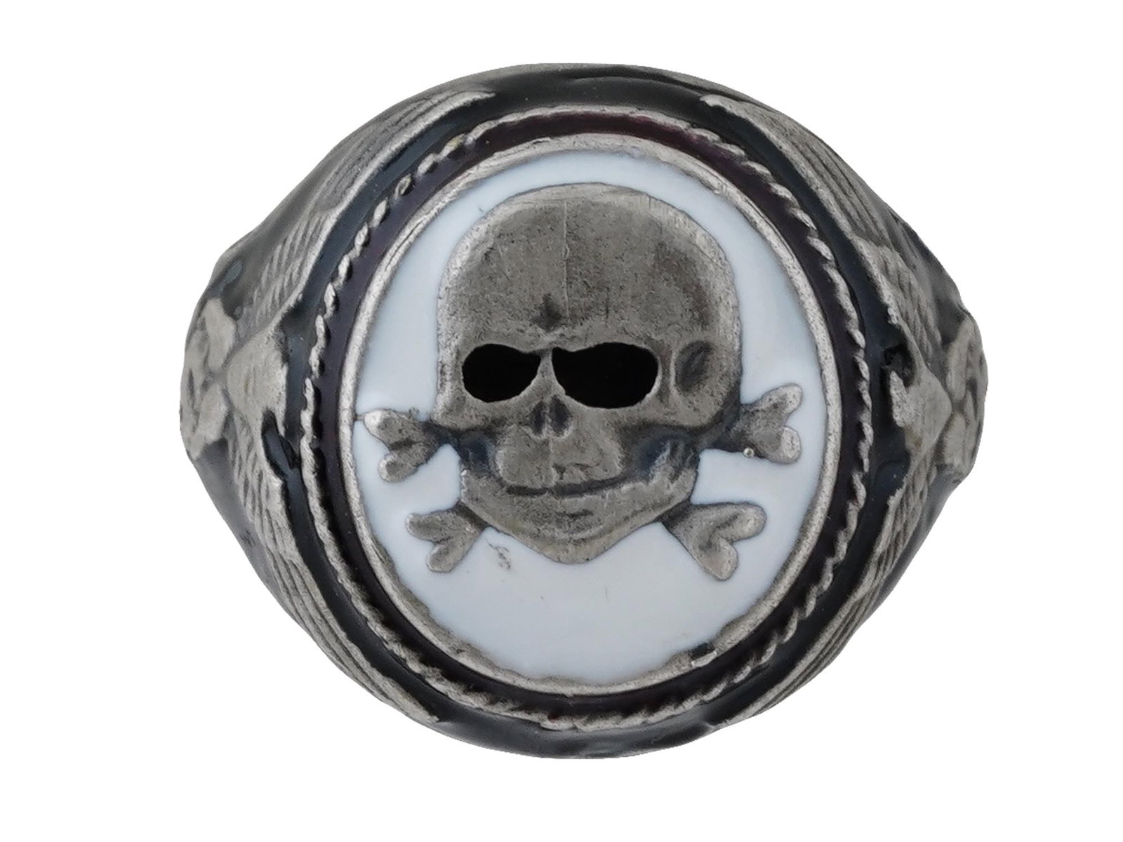 WWII NAZI GERMAN WAFFEN SS TOTENKOPF SILVER ENAMEL RING: A WWII Nazi German Third Reich Waffen SS Totenkopf silver ring. The exterior of the ring is engraved with eagle swastika insignia patterns on the black enameled sides and a skull Totenkopf swastika in