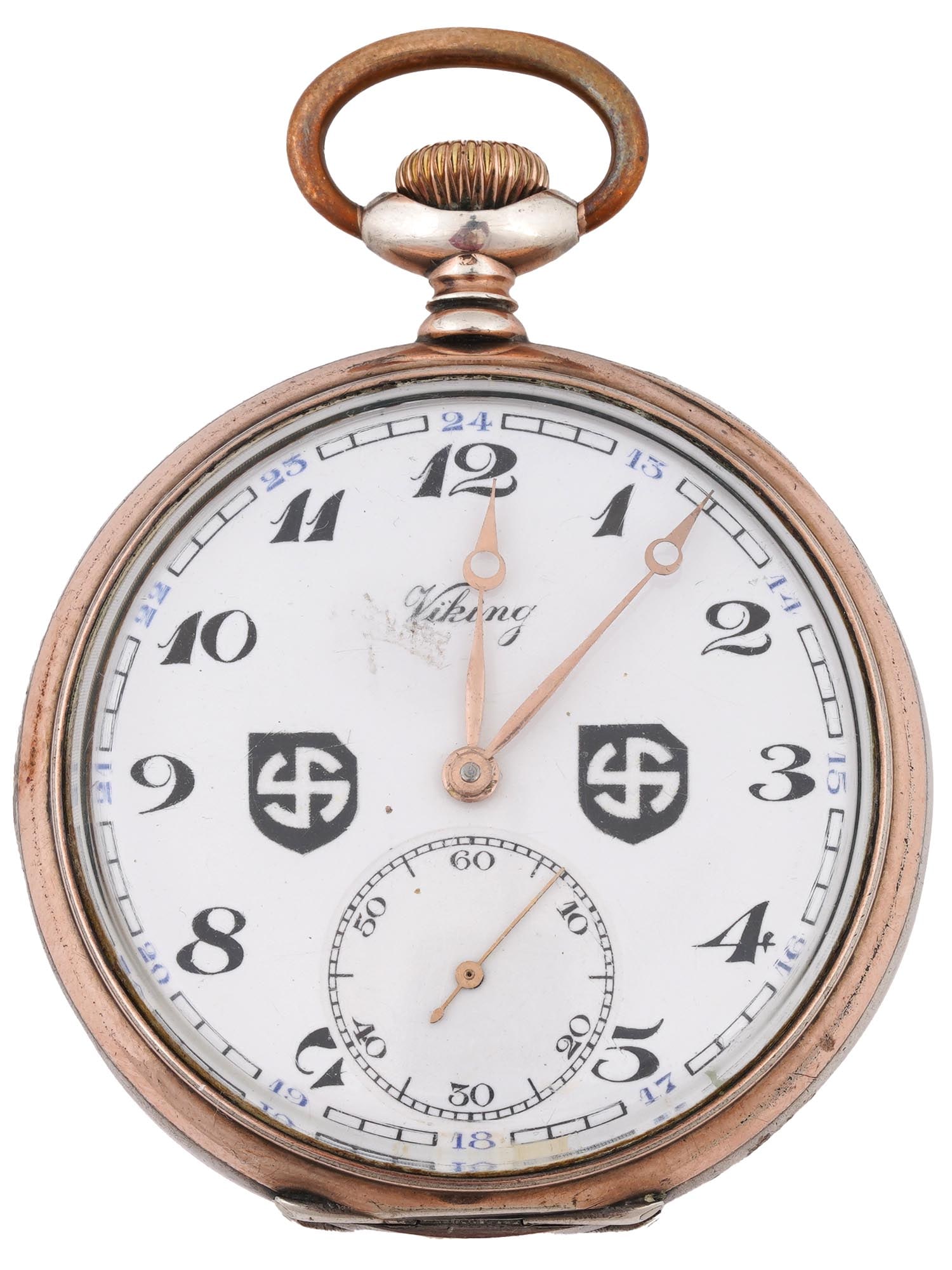VIKING NAZI GERMAN 800 GILT SILVER POCKET WATCH: A WWII Nazi German pocket watch featuring a gilt silver case, the white dial with black Arab numerals is marked Viking, and features swastika emblems. Engraved on the backside: Panzerdivision SS Vikin