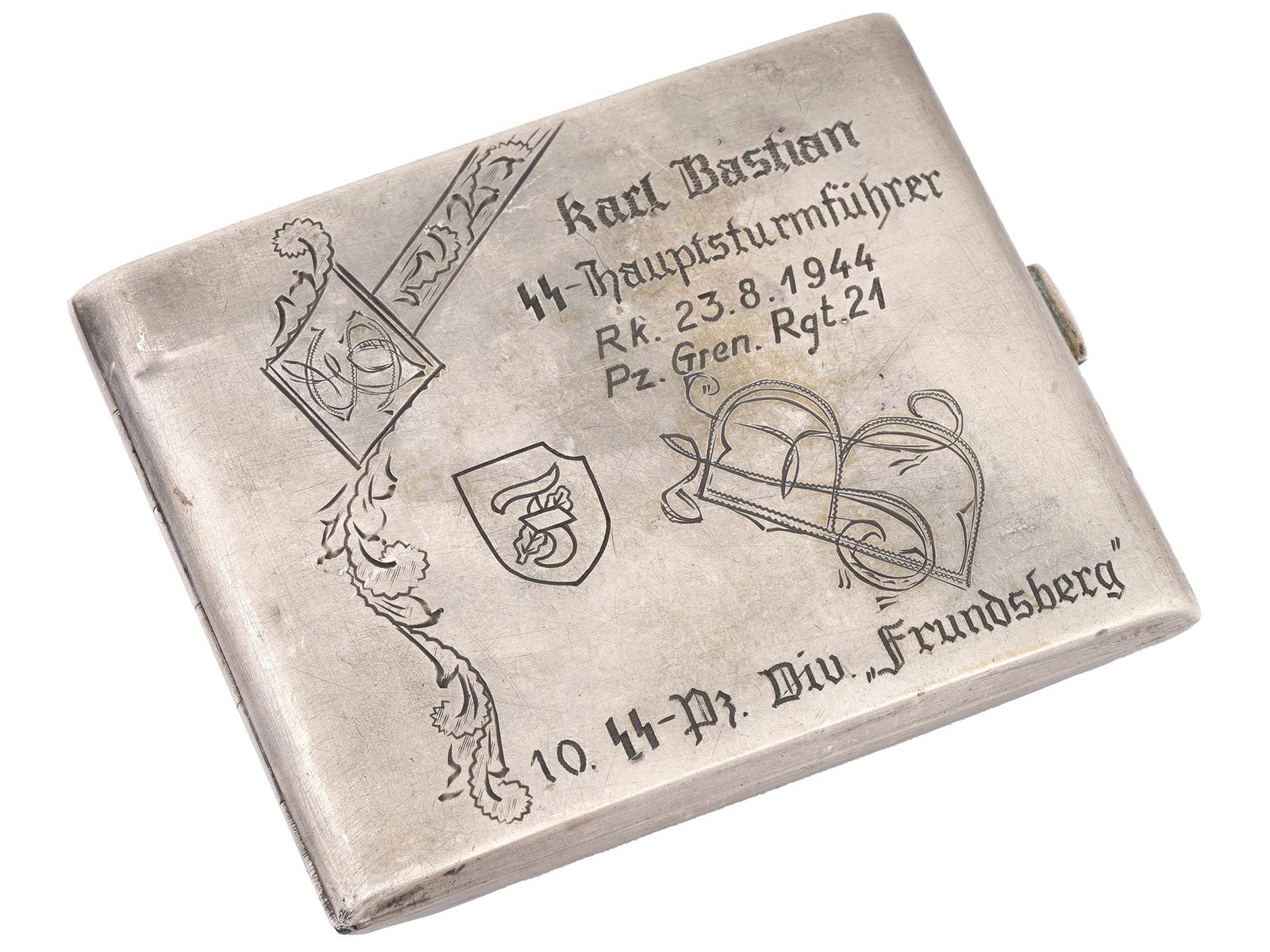 WWII NAZI GERMAN WAFFEN SS PERSONALIZED CIGARETTE CASE: A WWII type Nazi German Waffen SS personalized cigarette case. The personalized cigarette case in the name of Karl Bastian, with the rank of Hauptsturmführer, serving in the 10th SS Panzer Division F