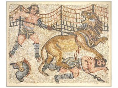 ANCIENT ROMAN EMPIRE MOSAIC GLADIATOR BATTLE SCENE