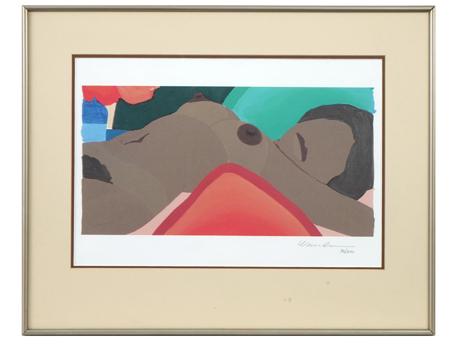 THOMAS WESSELMANN AMERICAN LITHOGRAPH NUDE SIGNED: Thomas K. Wesselmann, American, 1931 to 2004, a color lithograph depicting a female nude. Signed lower right and numbered 90 of 100. Matted and framed. Thomas K. Wesselmann was an artist associated wi