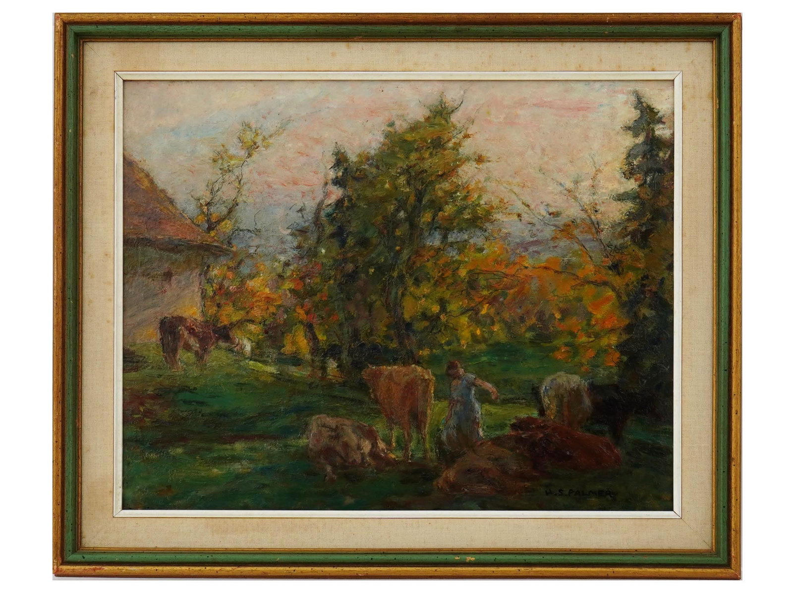 CANADIAN HERBERT SIDNEY PALMER OIL GENRE PAINTING: Herbert Sidney Palmer, Canadian, 1881 to 1970, oil painting on board depicting a genre scene with cows in a landscape. Signed lower right. Additionally inscribed and titled Muskoka Pasture on a paper 