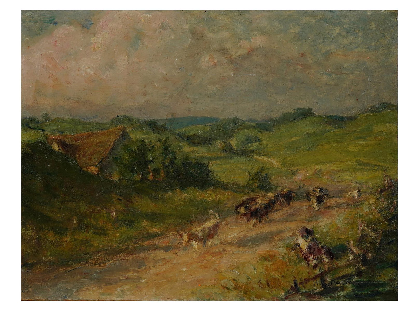 ATTR TO HERBERT SIDNEY PALMER CANADIAN OIL PAINTING: Attributed to Herbert Sidney Palmer, Canadian, 1881 to 1970, oil painting on board depicting a pastoral landscape with cows. Signed lower right. Additionally inscribed on a paper label, on the backsid