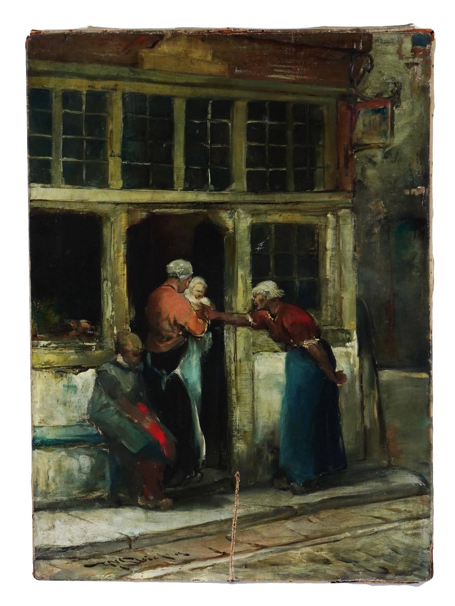 WALTER SHIRLAW AMERICAN STREET SCENE OIL PAINTING: Oil on canvas painting by Walter Shirlaw, 1838 to 1909, a Scottish-American artist and art teacher. The artwork represents a multi-figure street scene with a mother with child standing at the store en