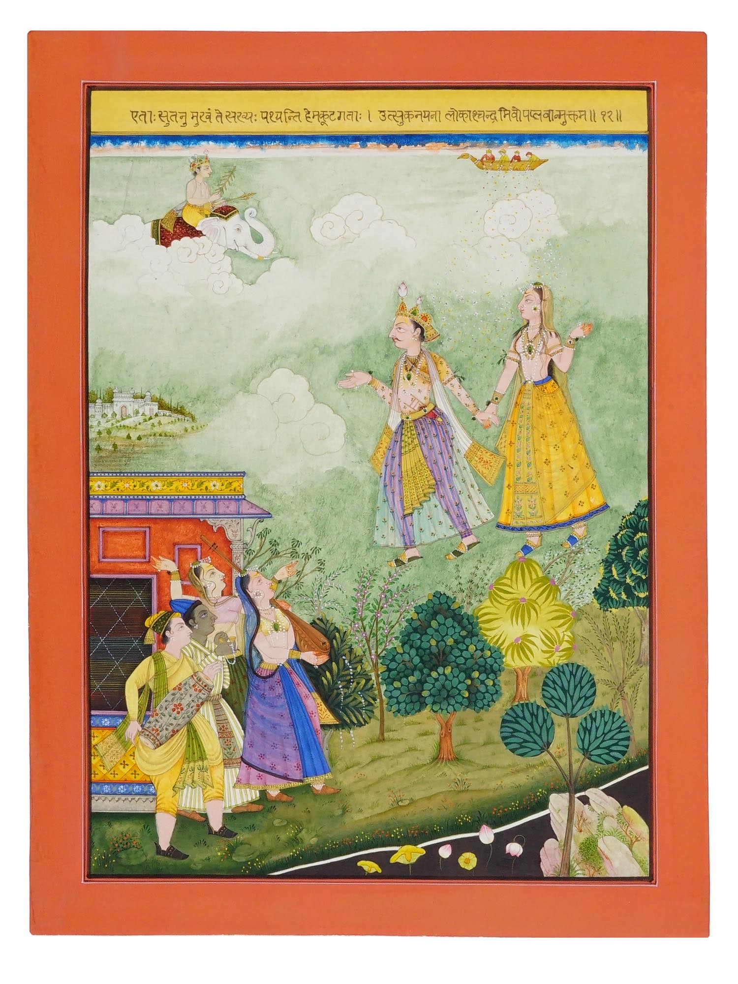 ANTIQUE INDIAN MUGHAL HINDUIST MINIATURE PAINTING: An antique Indian miniature painting. Late Mughal Empire period, 19th century. Rajput tradition. Gouache on paper. The piece depicts a Hinduist subject, a royal couple returning to Earth from Heaven. 