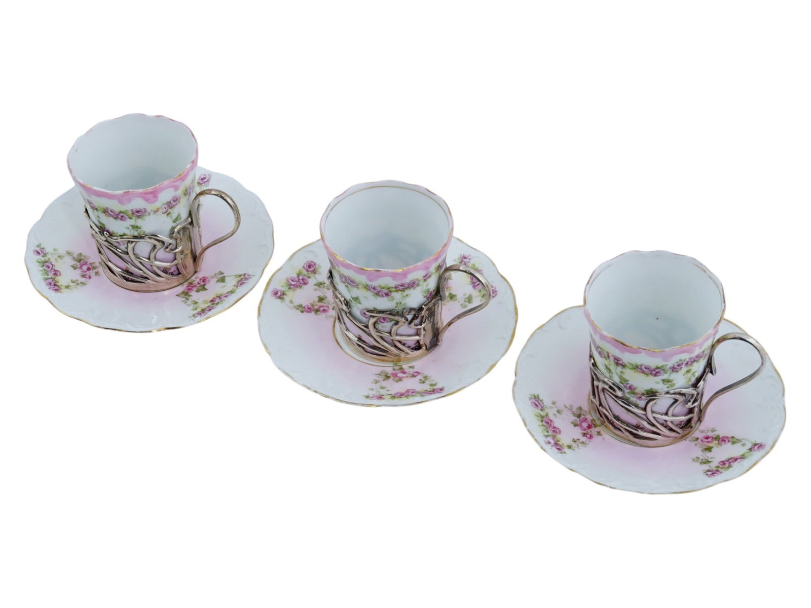 ANTIQUE ROYAL VIENNA PORCELAIN SILVER CUPS W SAUCERS (1 of 13)