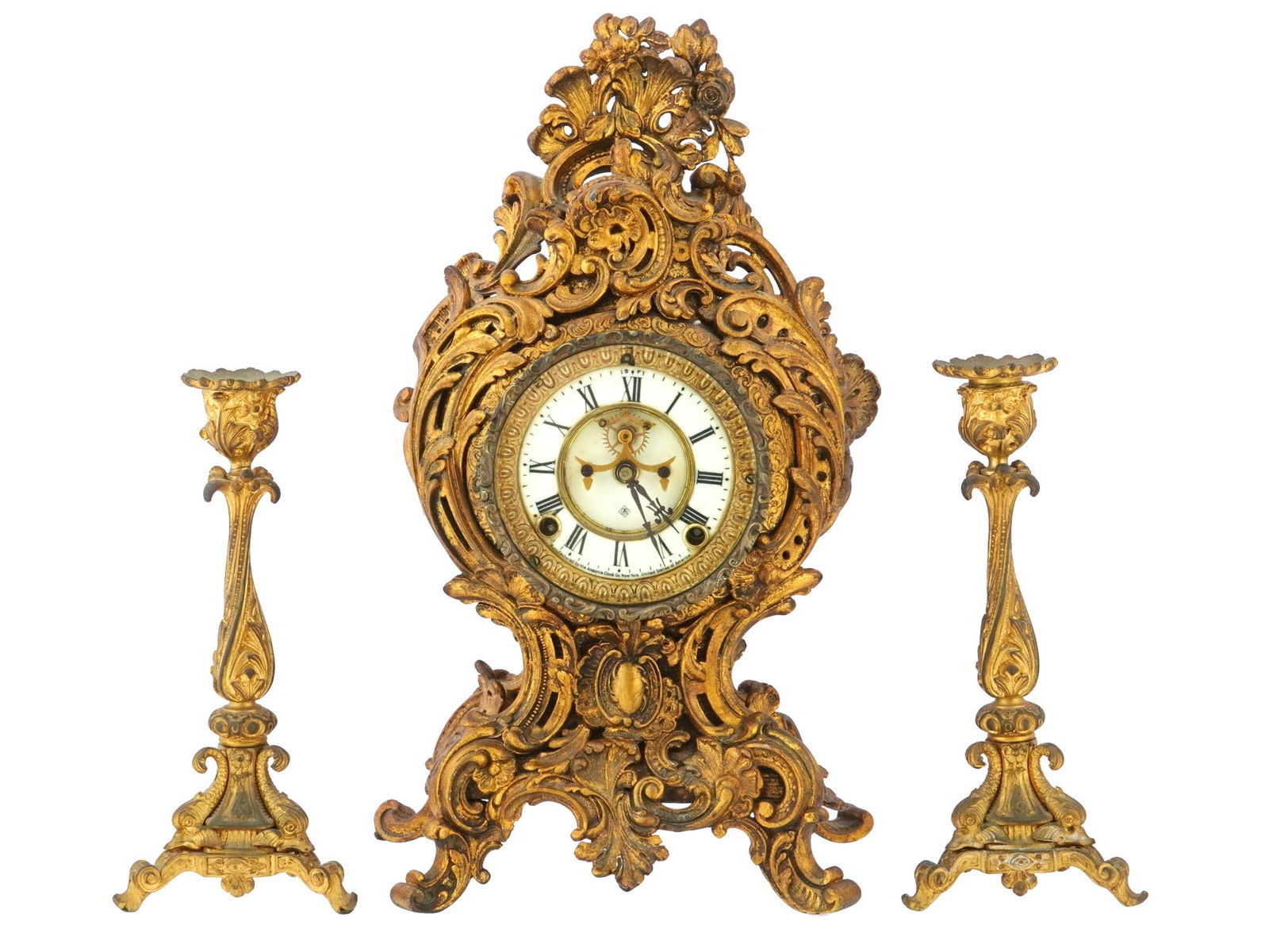 ANSONIA GILT BRONZE MANTEL CLOCK AND CANDLESTICKS (1 of 7)