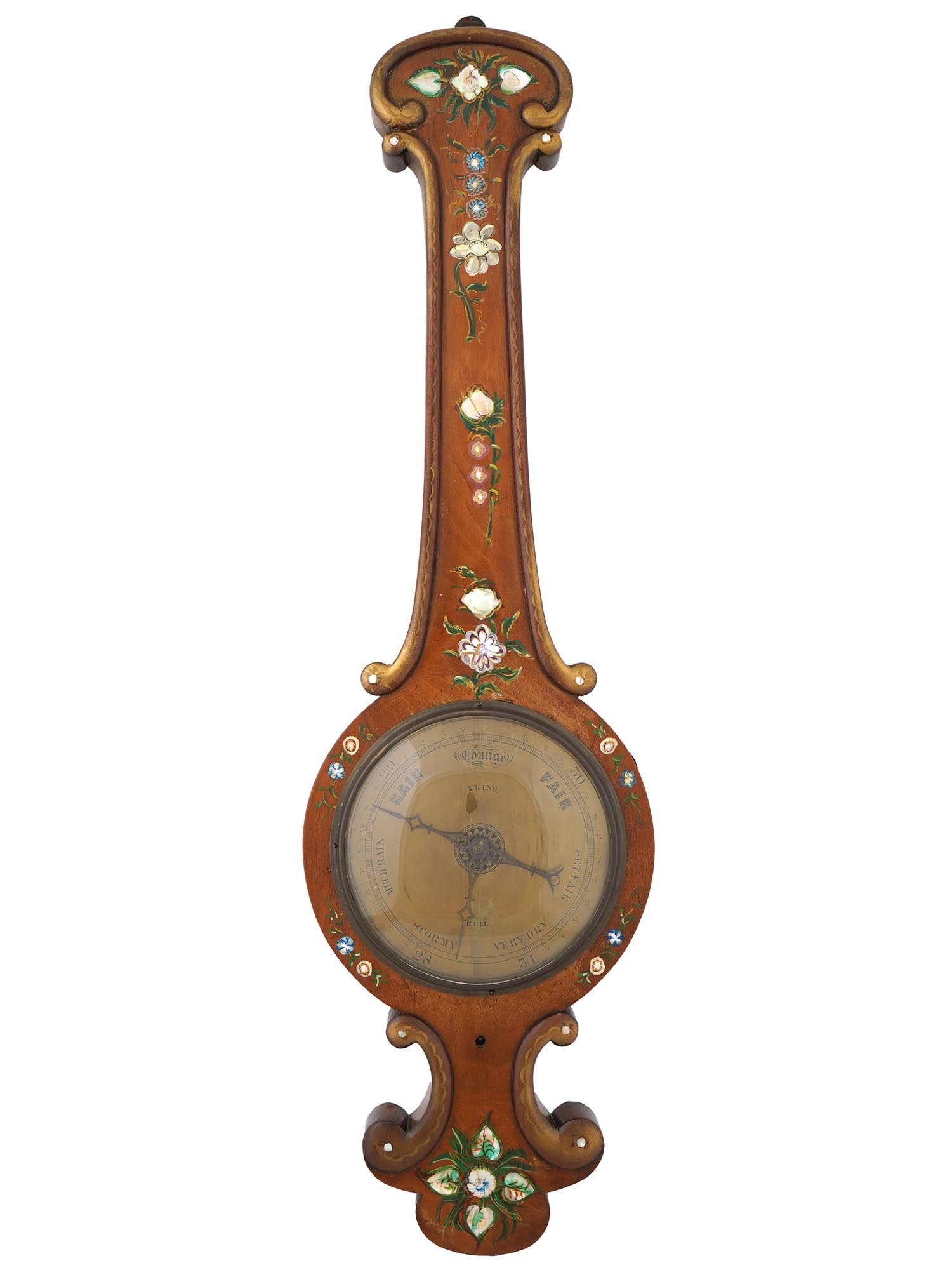 ANTIQUE CARVED WOOD BANJO BAROMETER WITH PEARL DESIGN (1 of 7)