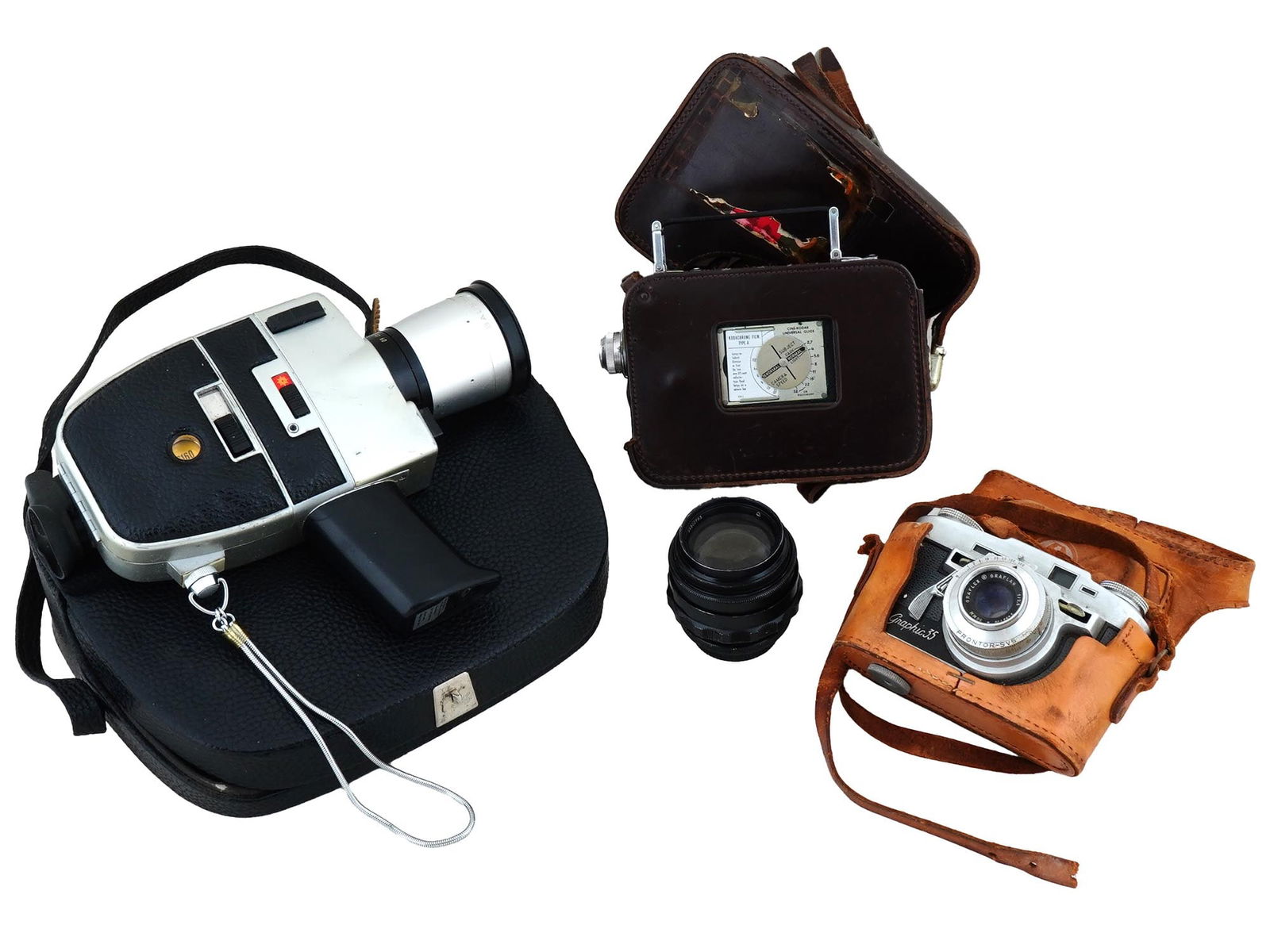 CINE KODAK GRAFLEX BAUER FILM CAMERAS AND LENS: A lot of mid to late 20th century cameras and accessories. A total of 4 items. Cine Kodak Eight Model 25 camera for 8mm double run film, in leather case. Graflex Graphic 35 mm rangefinder film camera,