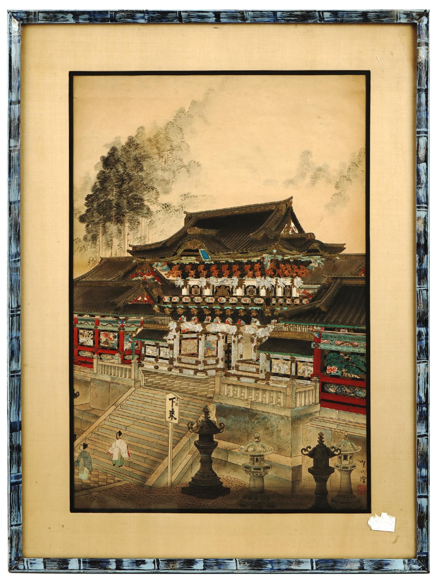JAPANESE WOODBLOCK PRINT IN IOKI BUNSAI MANNER: A Western manner woodblock print on paper depicting the Yomeimon Yomei gate in Nikko Toshogu, the Shinto shrine where Tokugawa Ieyasu is enshrined in the manner of Ioki Bunsai, 1863 to 1906. Inscribed