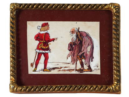 ALEXANDRE BENOIS RUSSIAN MIXED MEDIA PAINTING: Watercolor and ink on paper drawing by Alexandre Benois, 1870 to 1960, a Russian artist and art critic, member of the Mir Iskusstva movement. The artwork depicts a prince and an old beggar. Signed wit