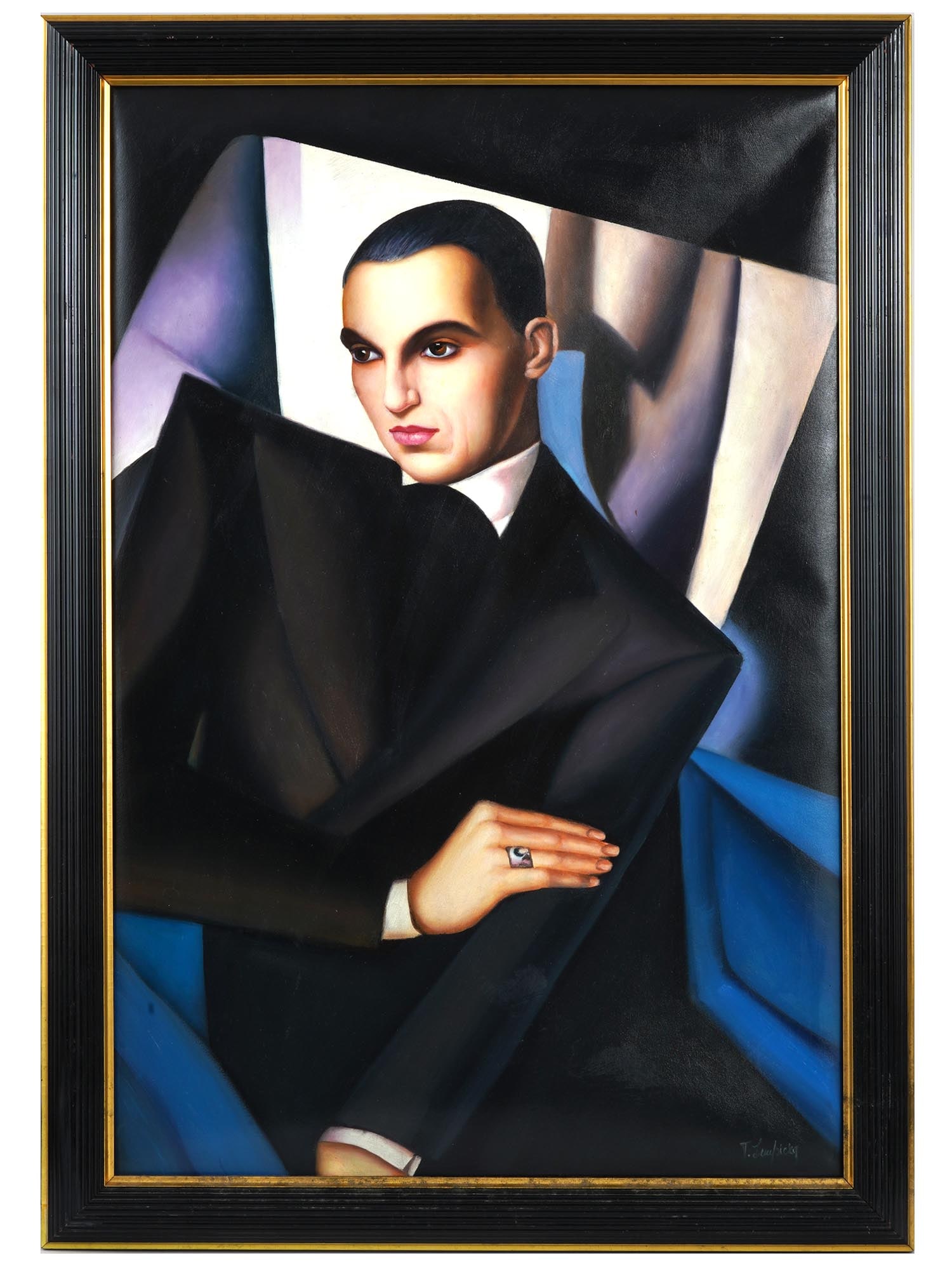 AFTER TAMARA DE LEMPICKA MALE PORTRAIT OIL PAINTING: Oil on canvas painting. After the 1925 artwork titled Portrait of Marquis Sommi by Tamara de Lempicka, 1898 to 1980, a Polish Art Deco artist. The artwork is a portrait of a young man. Marquis Guido d