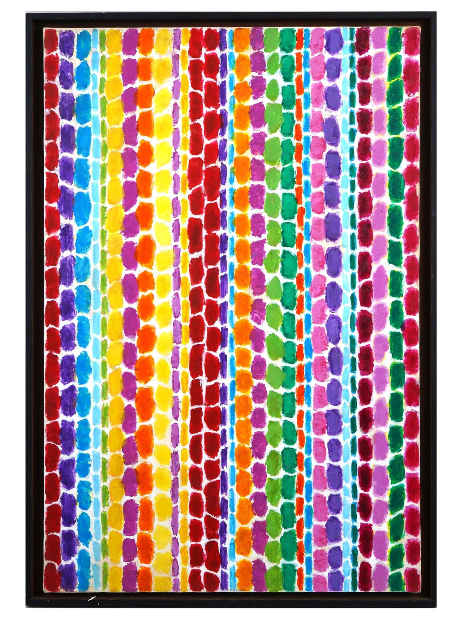 ABSTRACT AMERICAN PAINTING AFTER ALMA THOMAS: An acrylic painting on canvas depicting an abstract optical composition after Alma Woodsey Thomas, Afro American, 1891 to 1978. Signed, titled and dated 1969 on the back side. Framed. Alma Thomas is k