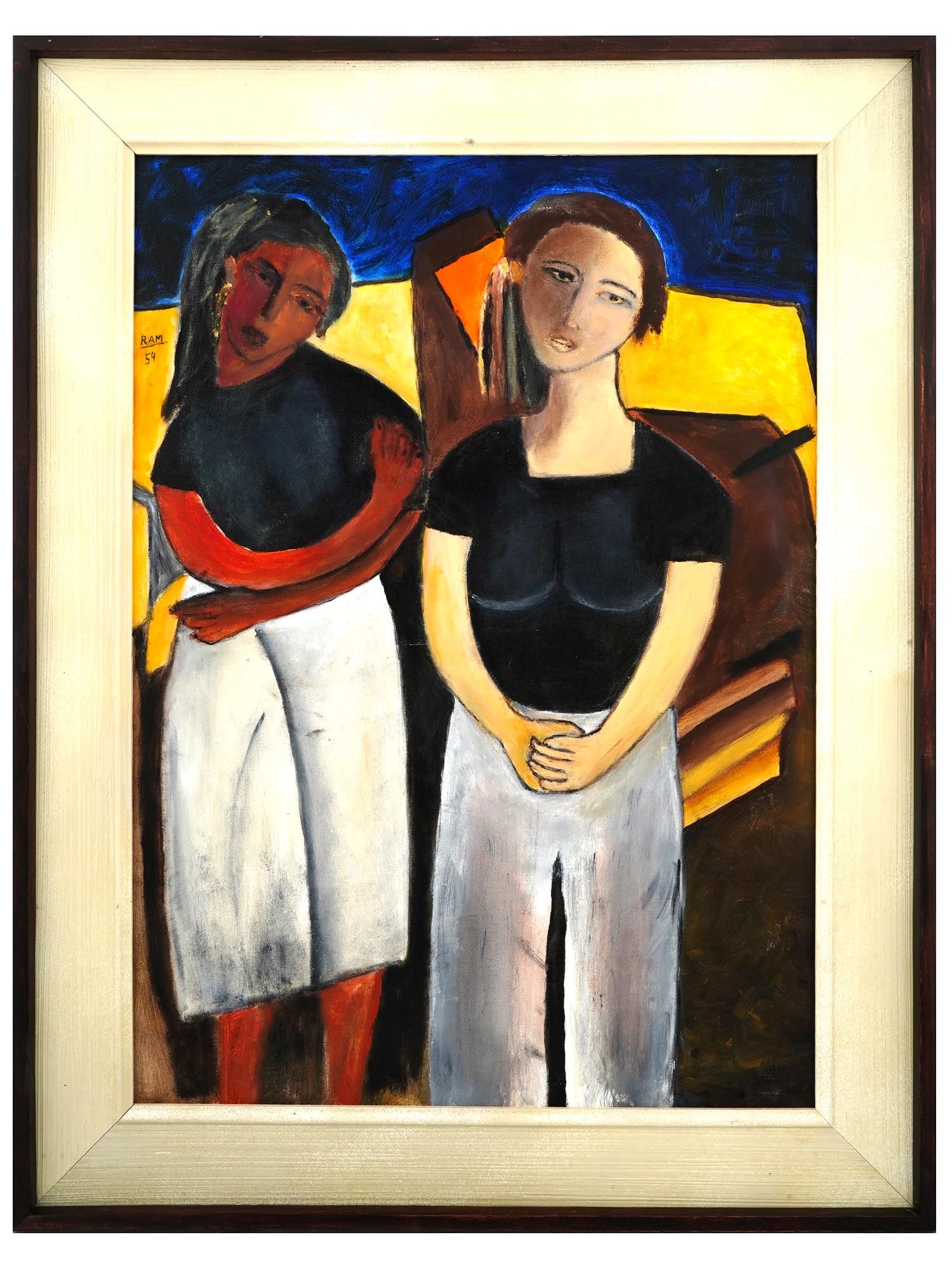ATTR TO RAM KUMAR INDIAN EXPRESSIONIST OIL PAINTING: Attributed to Ram Kumar, Indian, 1924 to 2018, oil painting on canvas depicting an Expressionist double portrait of women. Signed and dated, upper left. Framed. Born in 1924 in Simla, Ram Kumar was am