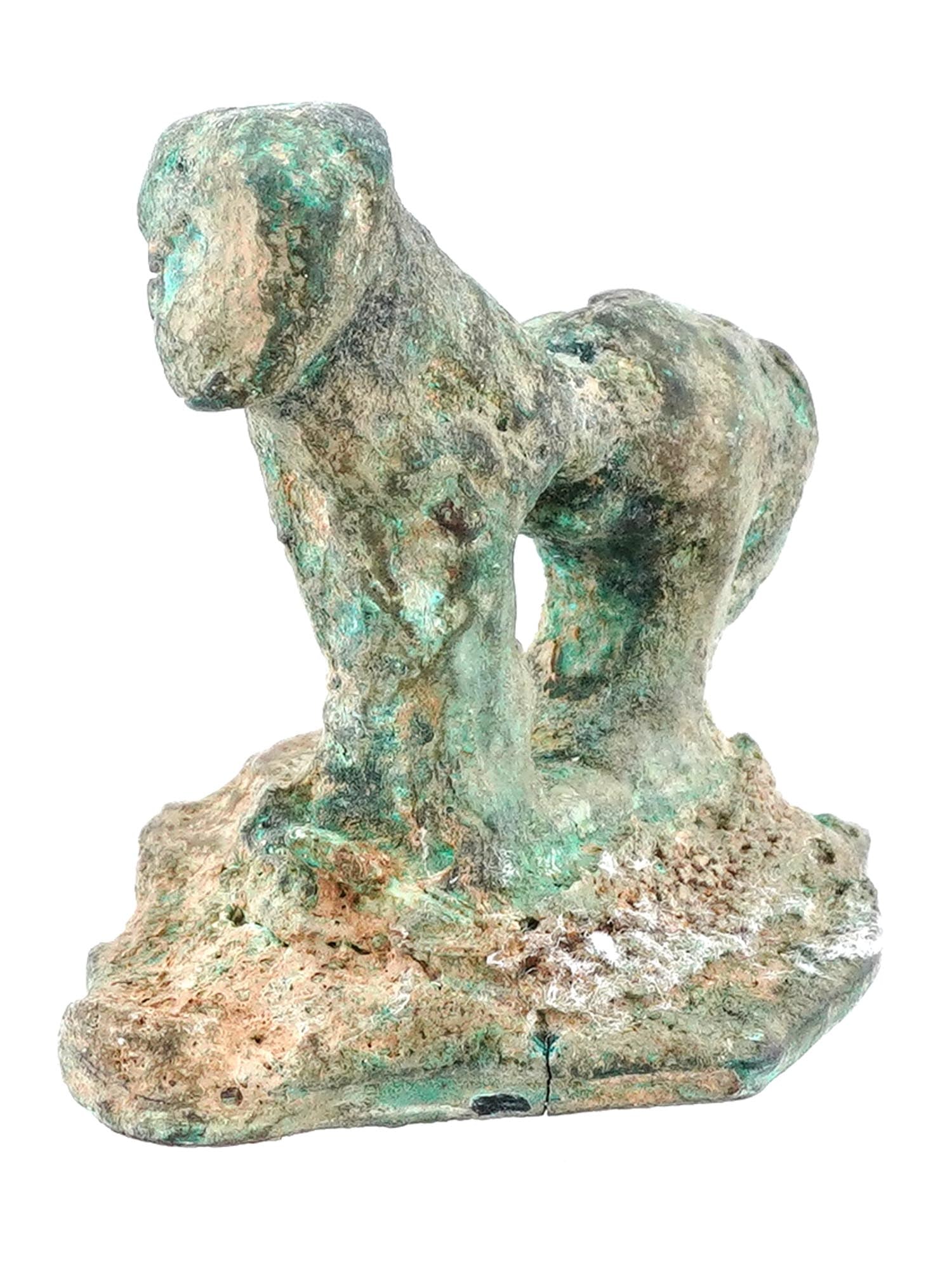 ANCIENT BRONZE FIGURE OF A DOG ON A BASE: An ancient bronze figure of a dog on a base, dating to the 2nd millennium BC. Likely produced by ancient cultures such as the Mesopotamians, Egyptians, or early Anatolian civilizations. The dog may ha