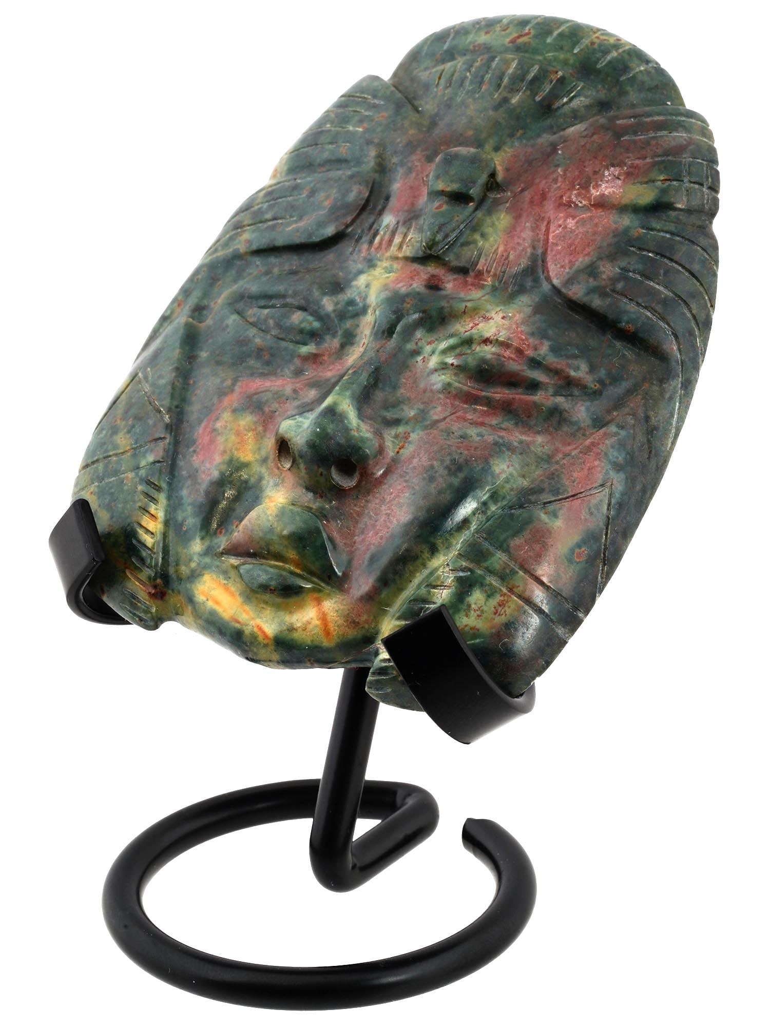 ANCIENT MESOAMERICAN OLMEC JADE MASK WITH STAND: An Ancient Mesoamerican hand-carved jade crowned mask. Olmec culture, 900 to 400 BC. The mask presumably represents the Olmec Maize God, not intended to be worn. The item comes with a stand. Historica
