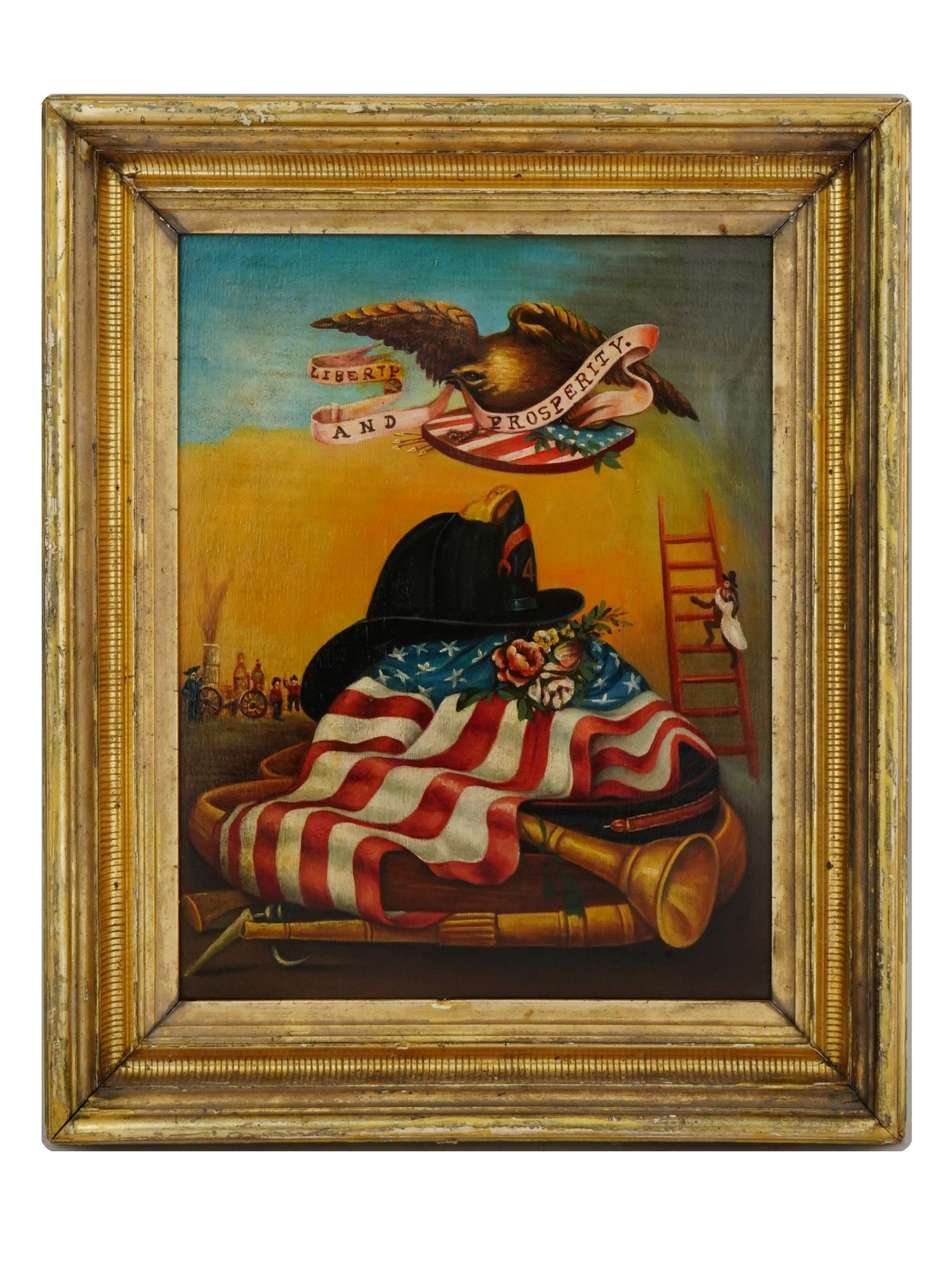 ANTIQUE AMERICAN OIL ON BOARD ALLEGORICAL PAINTING (1 of 3)