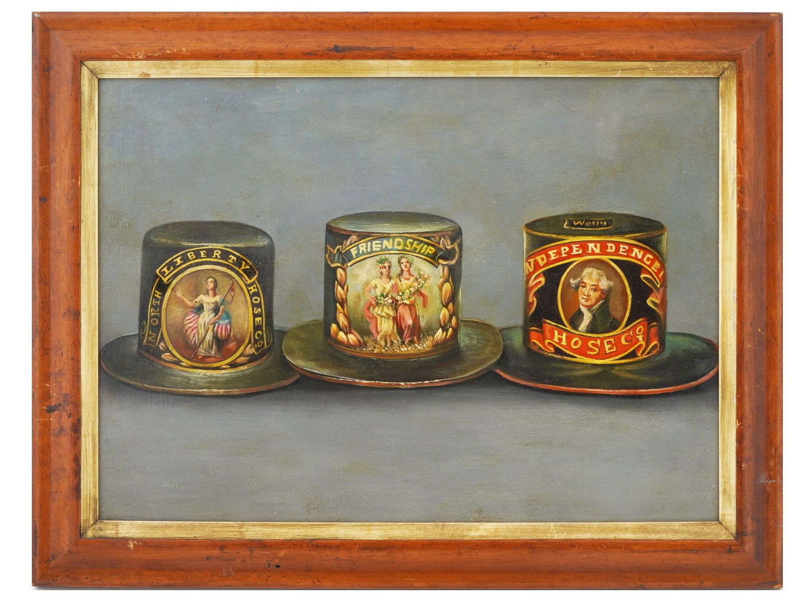 ANTIQUE AMERICAN PARADE HATS OIL PAINTING CA MID 19TH C (1 of 6)