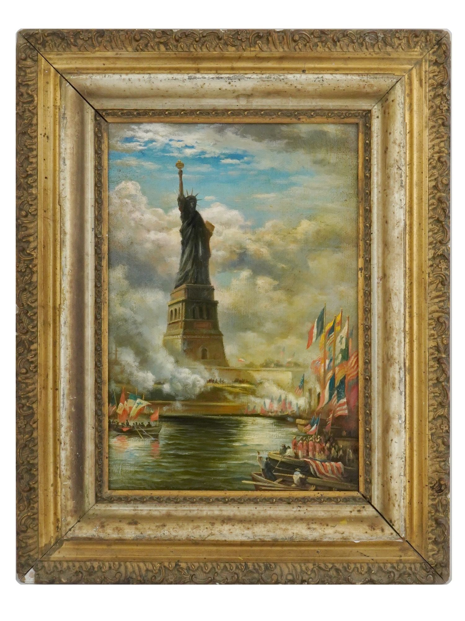 AFTER EDWARD MORAN STATUE OF LIBERTY OIL PAINTING: Oil on board painting. After the 1886 artwork titled Unveiling The Statue of Liberty Enlightening the World by Edward Moran, 1829 to 1901, an English-born American painter who specialized in marine ar